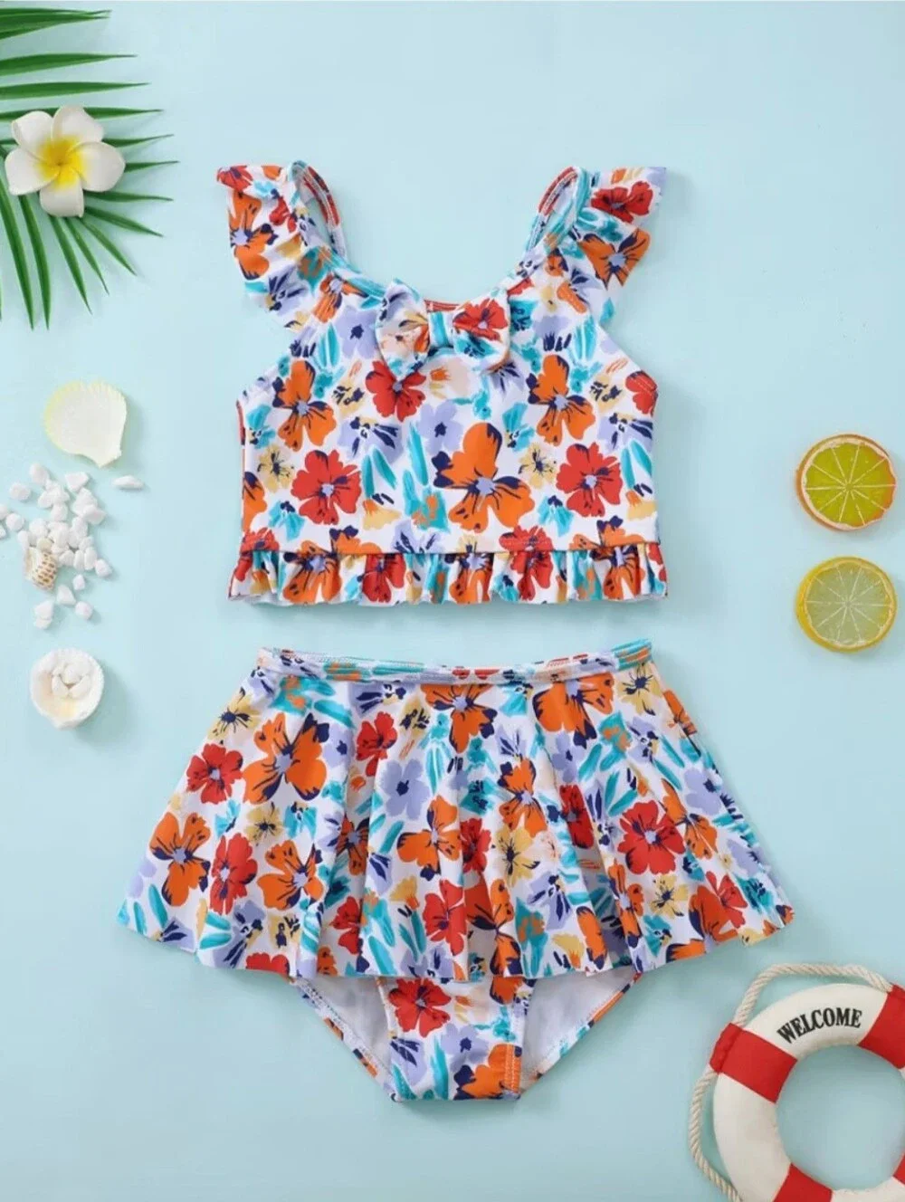 Girls Ruffled Floral Swimsuit